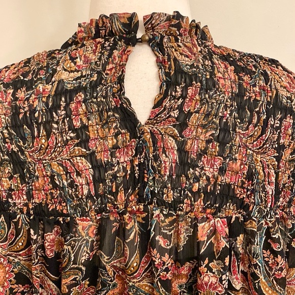 Ophelia Roe Black Red Green Floral Smocked Balloon Sleeve Ruffled Hem Top SZ 3X - Picture 10 of 15